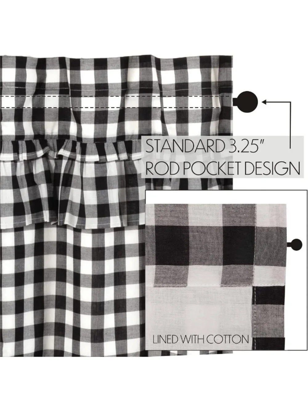 Buffalo Check Cotton Farmhouse Curtains with Rod Pocket & Drawstring Ties